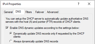 Tenga en cuenta que, incluso cuando la función Actualizaciones dinámicas de DNS de DHCP está habilitada, la configuración predeterminada requiere que el cliente especifique explícitamente que se debe crear un registro de DNS en su nombre (figura 7).