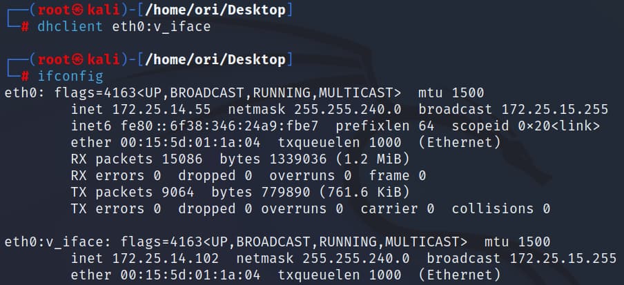 Después de ejecutar este comando, podemos ver que nuestra dirección IP original (172.25.14.55) permanece sin cambios, mientras que nuestra interfaz virtual ha recibido una nueva dirección IP del servidor DHCP (Figura 1).