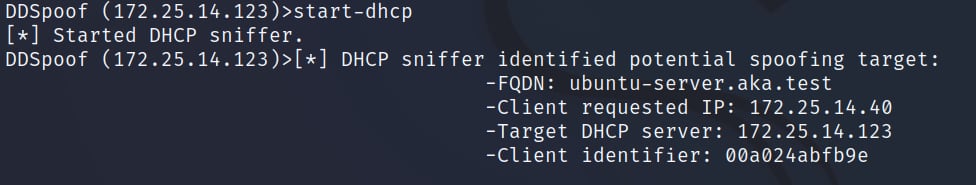 En otro escenario, ejecutamos el comando start-dhcp ddspoof que rastrea el tráfico DHCP identificando los mensajes de solicitud DHCP (Figura 22).