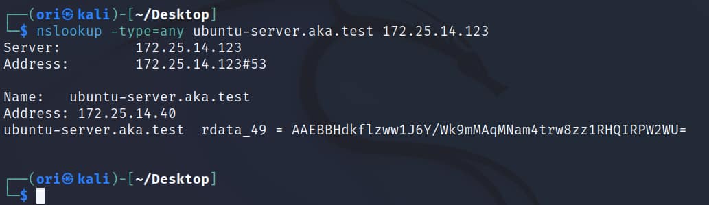 Si consultamos todos los registros DNS de nuestro objetivo ubuntu-server.aka.test, observamos que efectivamente hay un registro DHCID (Figura 24).