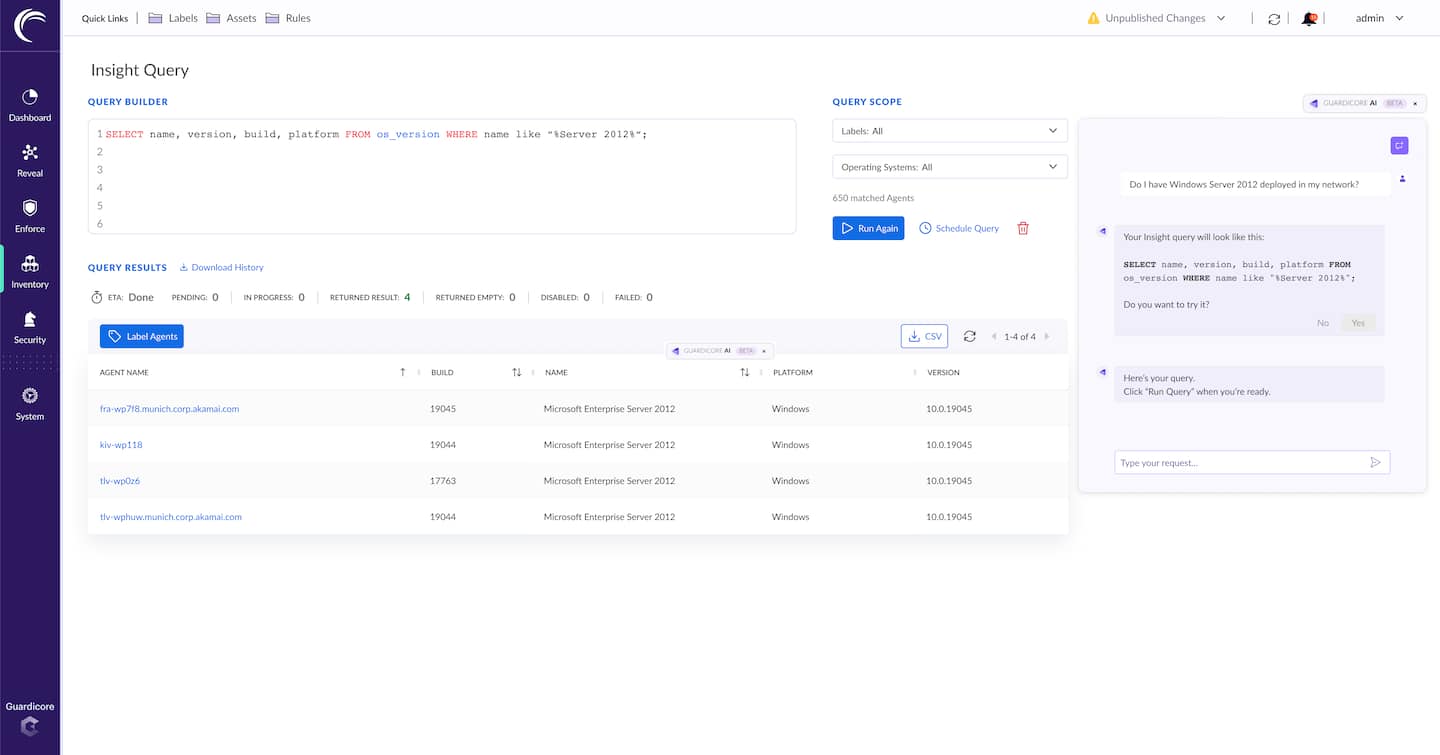 La figura 3 es un ejemplo de cómo Guardicore AI podrá convertir el lenguaje natural en un comando SQL, que luego se puede utilizar en Insight para generar la información relevante.