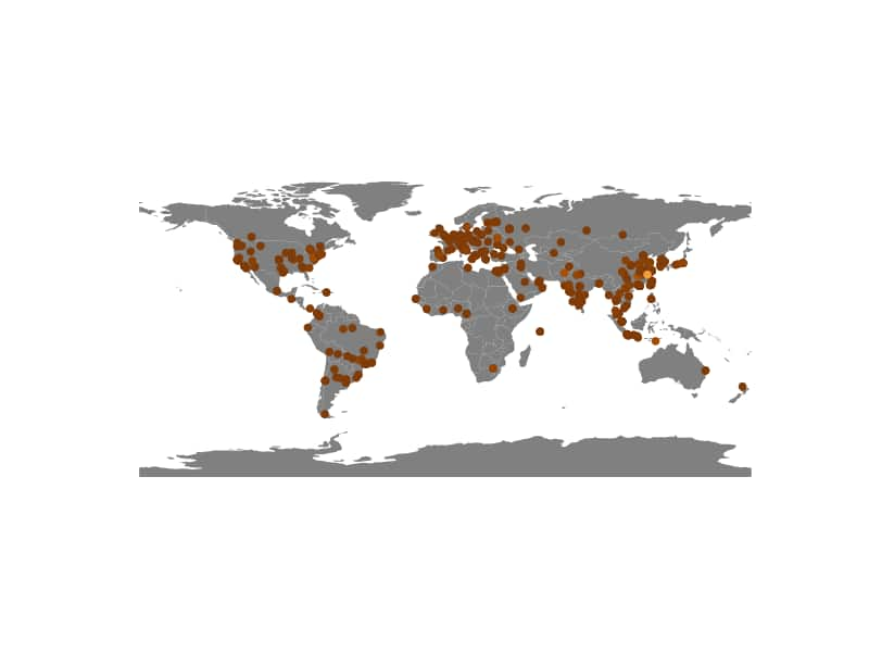 Mapa de calor geográfico de fuentes de ataque de NoaBot. Hay niveles de actividad uniformes en Europa, EE. UU., Sudamérica y Asia. El único lugar con un incremento de niveles de actividad se encuentra en China central.