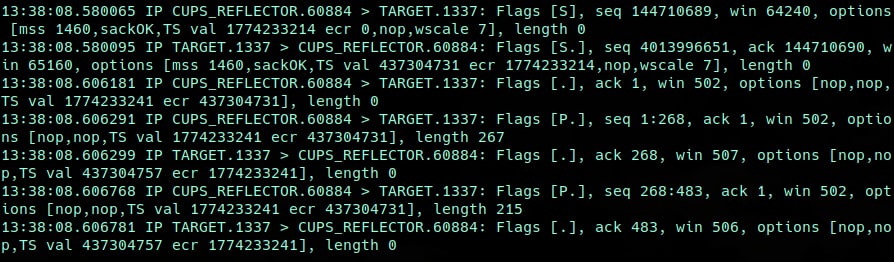 The target specified in the UDP packet will start to receive incoming TCP connections from the system running CUPS (Figure 4). 