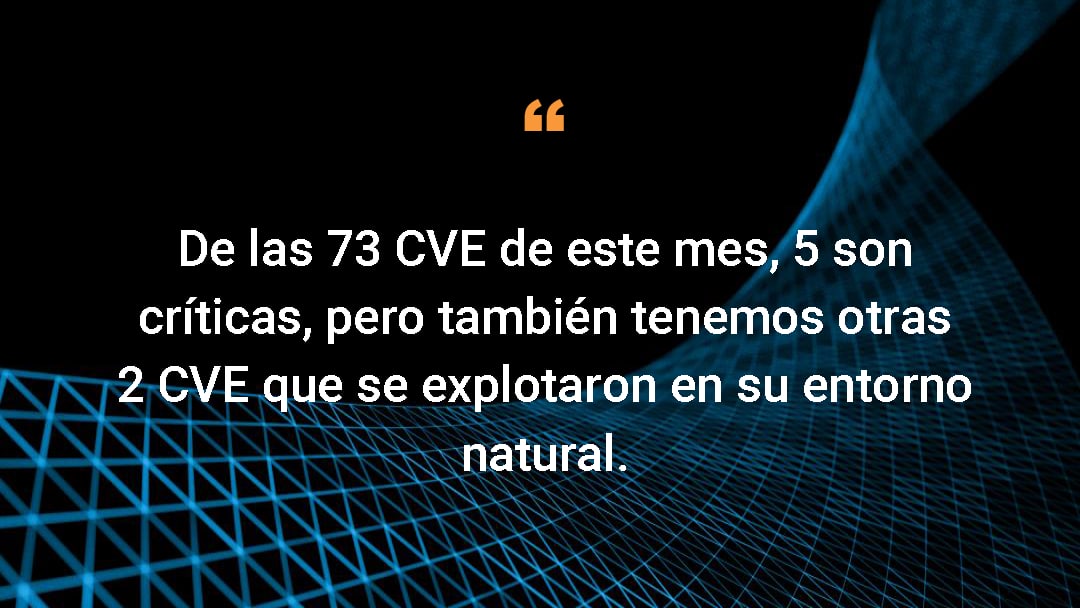 De las 73 CVE de este mes, 5 son críticas, pero también tenemos otras 2 CVE que se explotaron en su entorno natural.