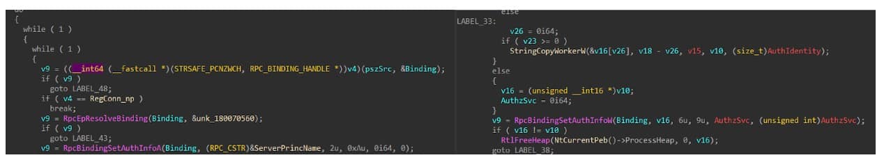 La primera se utiliza de forma segura, con el nivel de autenticación RPC_C_AUTHN_LEVEL_PKT_PRIVACY, mientras que la segunda utiliza el nivel de autenticación RPC_C_AUTHN_LEVEL_CONNECT, que se puede transmitir ya que no verifica la autenticidad o integridad de la conexión (Figura 5).