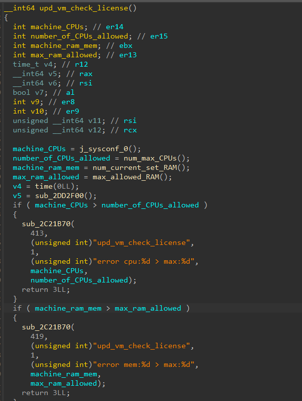 Después de hacer algunas maniobras de reversión, encontramos la función upd_vm_check_license que se llama periódicamente en un daemon (Figura 7).