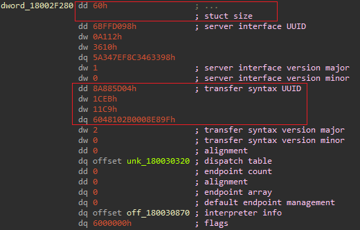 A screen snippet of the rpc interface structure as it is kept in a PE file, with the size and transfer syntax marked