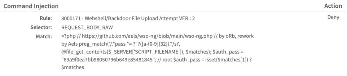  Il peut détecter les tentatives effectuées par un attaquant pour télécharger un web shell sur le serveur cible à l'aide du groupe d'attaques par injection de commandes (Figure 7).