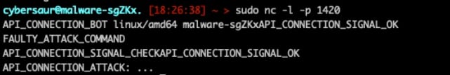 En utilisant netcat pour écouter sur le port 1420, nous avons ensuite corrigé le fichier binaire pour utiliser une adresse IP que nous avons contrôlée en tant que serveur C2. Une fois connectés, nous avons envoyé les déclencheurs appropriés à au terminal infecté, le mettant en scène pour la participation à l'attaque (Figure 25). 