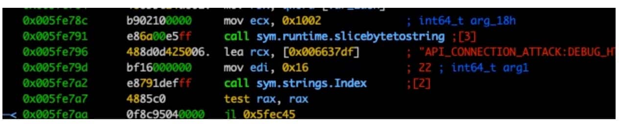 Autre découverte à partir du code assembleur : les références à une API utilisée pour les connexions (« API_CONNECTION_ATTACK »), ainsi que de nombreuses commandes possibles à émettre sur le terminal infecté et que nous étions impatients d'essayer (Figure 18).