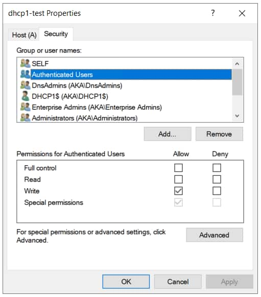 Cela peut se produire pour plusieurs raisons (en cas de modification du nom du serveur, par exemple). Une fois l'enregistrement DNS recréé, nous inspectons sa nouvelle ACL (Figure 32).