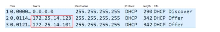 Si nous enregistrons le trafic et inspectons les messages d'offre DHCP, nous serons en mesure d'identifier tous les serveurs DHCP actifs (Figure 2).