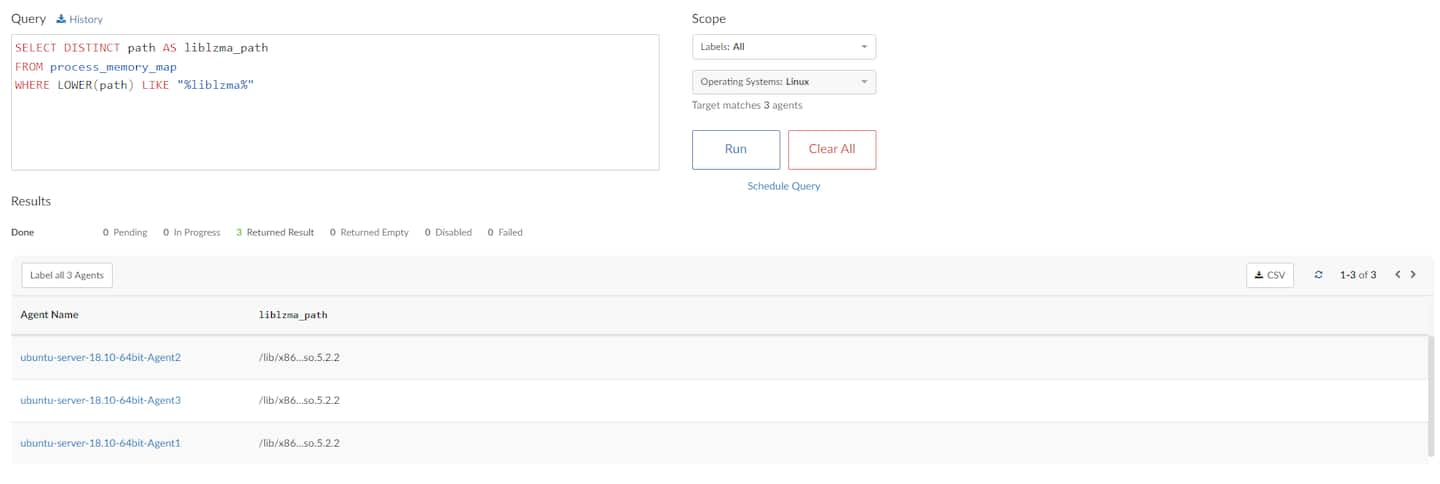 Pour savoir quelle version de XZ Utils ou liblzma est actuellement installée sur vos systèmes, vous pouvez exécuter la requête suivante dans Akamai Guardicore Segmentation Insight afin de rechercher les instances chargées de la bibliothèque liblzma (Figure 2).