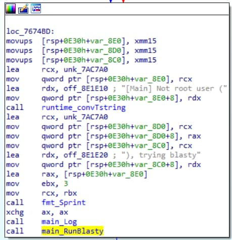  Si l'utilisateur exécutant n'est pas un utilisateur root, la fonction « main_RunBlasty » est appelée (figure 5).