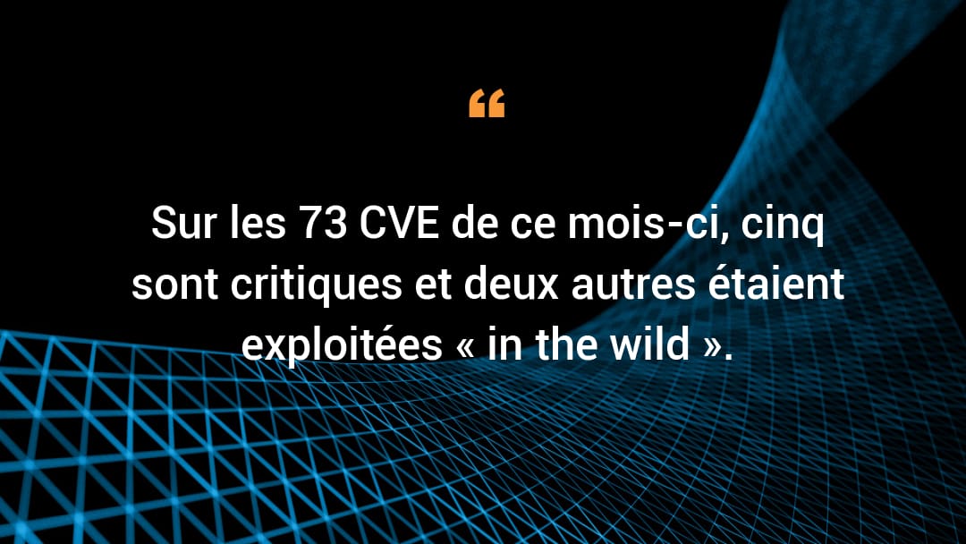 Sur les 73 CVE de ce mois-ci, cinq sont critiques et deux autres étaient exploitées « in the wild ».