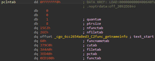 Pclntab Go all'interno di un file binario Go