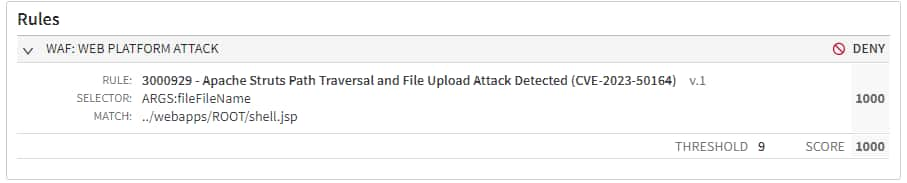 I clienti che utilizzano Adaptive Security Engine in modalità manuale devono verificare di avere il gruppo "Web Platform Attack" o la seguente regola individuale in modalità di rifiuto (Figura 4):