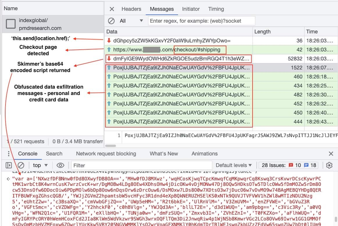 Screenshot del flusso WebSocket