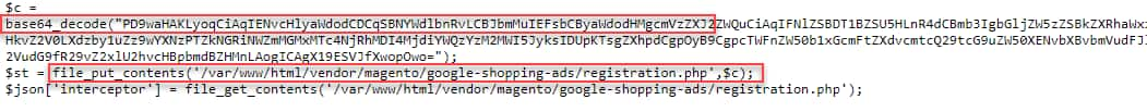 La decodifica di un blob Base64 offuscato viene scritto nel file "/var/www/html/vendor/magento/google-shopping-ads/registration.php" 