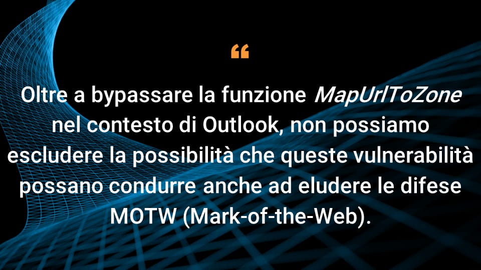 Anziché bypassare la funzione MapUrlToZone nel contesto di Outlook, non possiamo escludere la possibilità che queste vulnerabilità possano condurre anche ad eludere le difese Mark-of-the-Web.