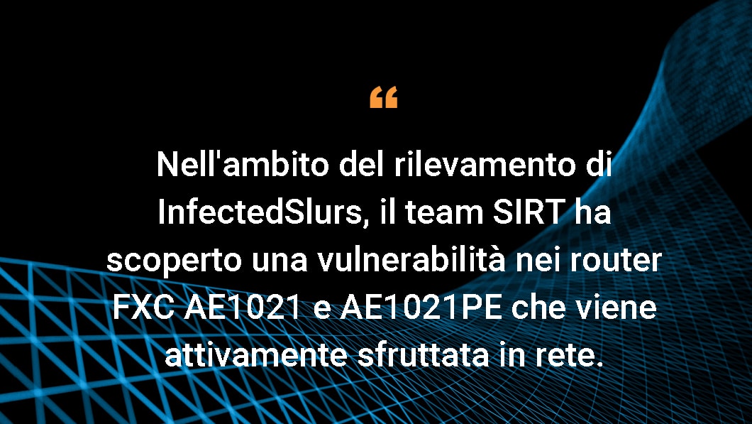 Nell'ambito del rilevamento di InfectedSlurs, il team SIRT ha scoperto una vulnerabilità nei router FXC AE1021 e AE1021PE che viene attivamente sfruttata in rete.