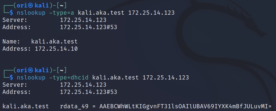 Dopo aver eseguito dhclient, possiamo utilizzare nslookup per interrogare il server DNS di destinazione e cercare un record DHCID (Figura 5).