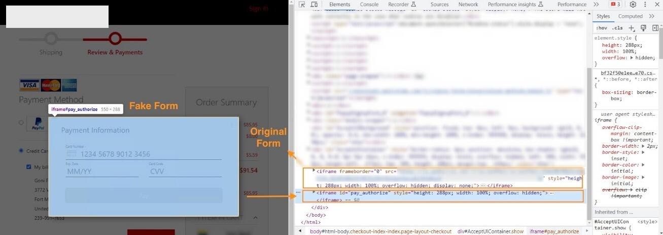 Snippet di codice che mostra come gli autori di attacchi di web skimming nascondono il modulo di pagamento originale con un modulo fittizio