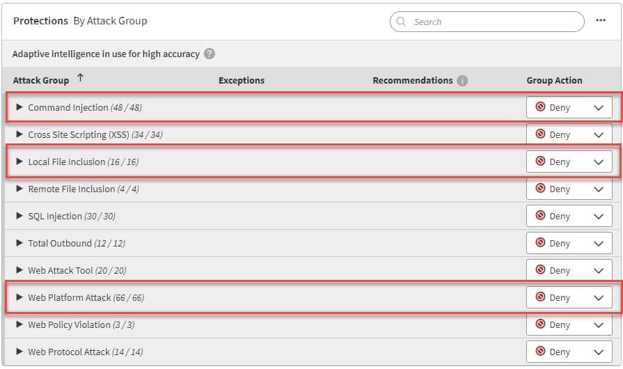 I clienti della soluzione possono configurare l'azione dei gruppi Web Platform Attack, Command Injection e Local File Inclusion su "Deny" (Nega) per migliorare la protezione (Figura 13). 