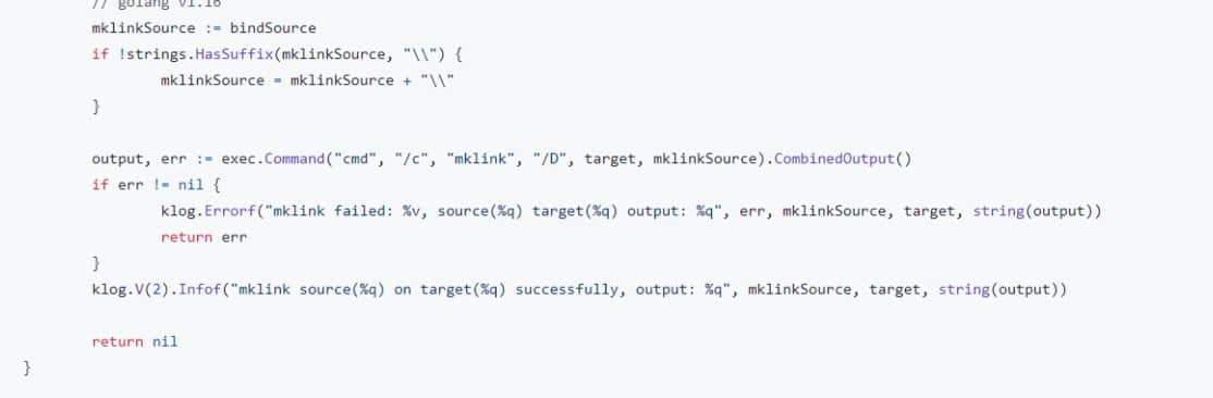 Durante la creazione di un pod che include un volume locale, il servizio kubelet raggiunge (prima o poi) la funzione "MountSensitive()", al cui interno si trova una chiamata della linea cmd alla funzione "exec.command", che crea un collegamento symlink tra la posizione del volume sul nodo e la posizione all'interno del pod (Figura 1).