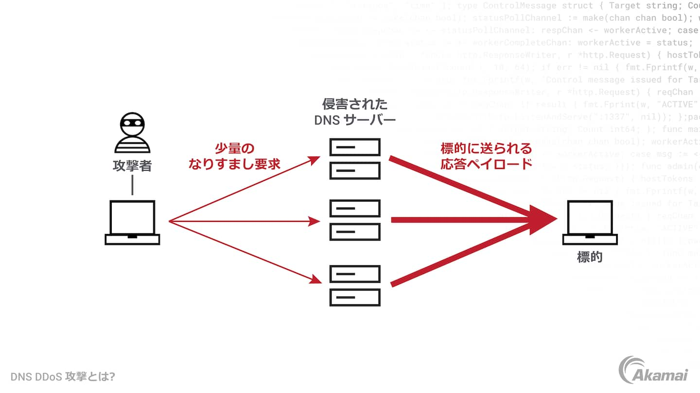 DNS DDoS 攻撃の仕組みを示す図。