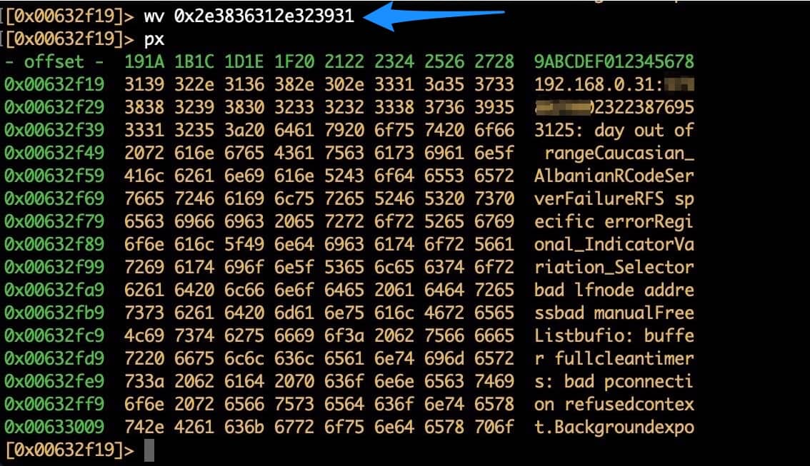 図 2：16 進数のアドレス .861.291 をバックワードで記述（エンディアンのため）