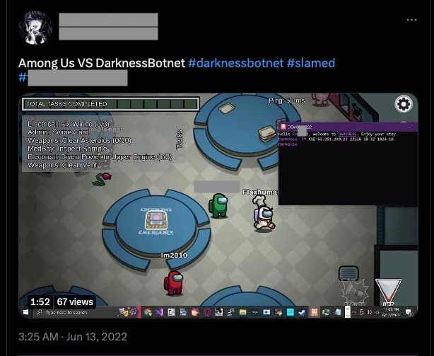 Screenshot of the actor posting an AmongUs server attack