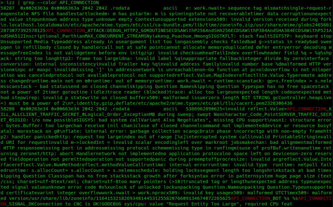 As a result, when running the strings command or disassemblers on a Go binary, the output may appear as a confusing jumble of characters, making it difficult to distinguish between individual strings in the table (Figure 23). 