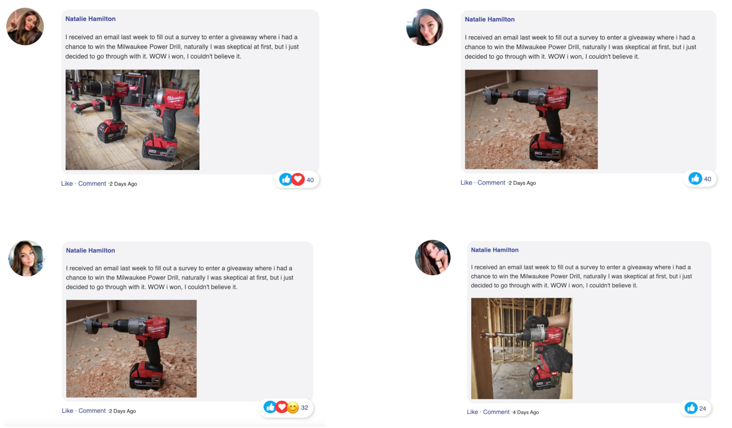 Refreshing the scam website users’ testimonials multiple times resulted in the same text but with a different profile image and power drill photo (Figure 1).