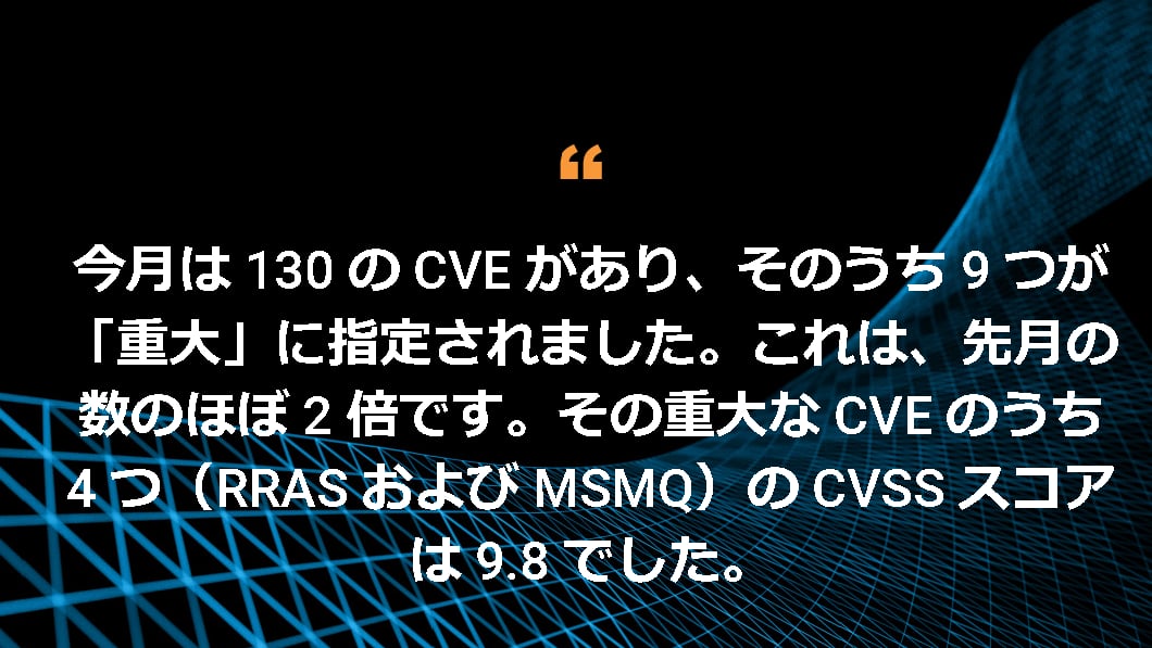 今月は 130 の CVE があり、そのうち 9 つが「重大」に指定されました。これは、先月の数のほぼ 2 倍です。その重大な CVE のうち 4 つ（RRAS および MSMQ）の CVSS スコアは 9.8 でした。