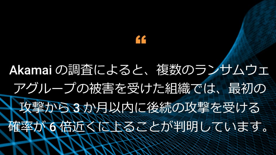 Akamai の調査によると、複数のランサムウェアグループの被害を受けた組織では、最初の攻撃から 3 か月以内に後続の攻撃を受ける確率が 6 倍近くに上ることが判明しています。