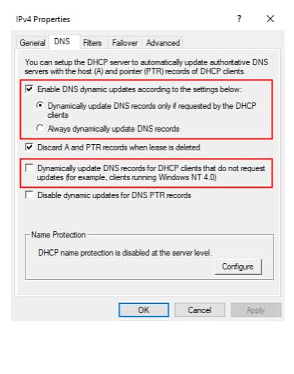 どの場合に DHCP サーバーがクライアントの DNS レコードを作成するかを断定するオプションは 3 つあります（図 6）。 