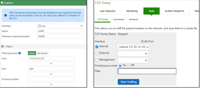 FortiGate または Ivanti のパケットキャプチャ機能を使用して、LDAP 通信をキャプチャ