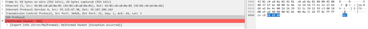 SSH hi パケットの Wireshark パケット画面のスクリーンショット。 