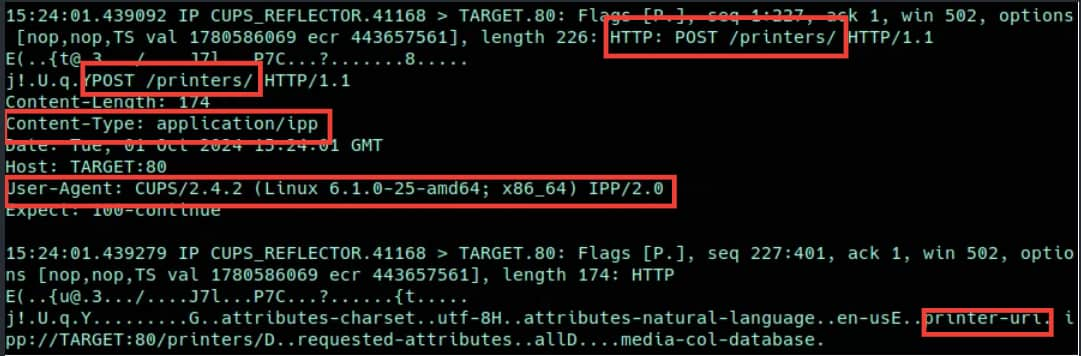 There are also static elements in HTTP headers and POST data. The Content-Type header of application/ipp and payload printer-uri in the POST data are both static values we identified during testing (Figure 9).