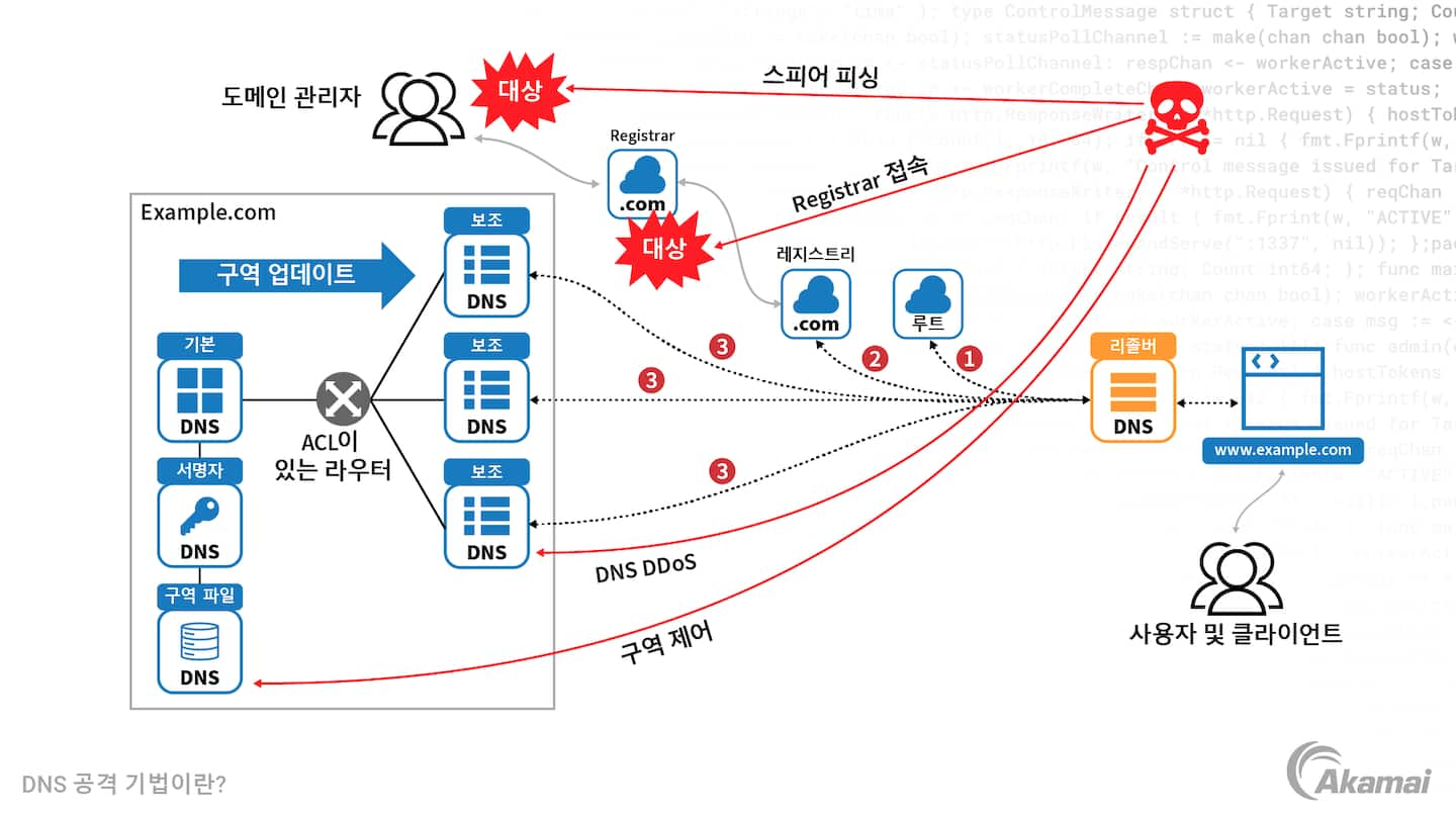 다양한 DNS 공격 기법을 보여주는 다이어그램.