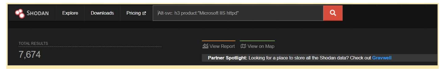 Shodan에서 HTTP/3이 있는 머신을 검색한 결과의 스크린샷 쿼리는 'Alt-svc: h3 product:"Microsoft IIS httpd"'이며, 7674개 머신이 검색됨