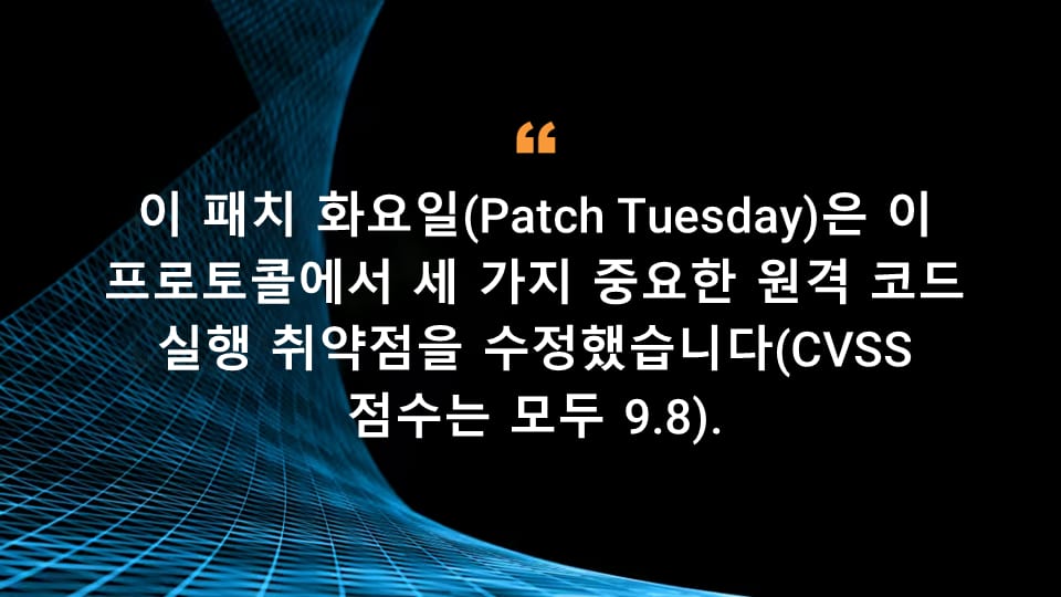 이 패치 화요일(Patch Tuesday)은 이 프로토콜에서 세 가지 중요한 원격 코드 실행 취약점을 수정했습니다(CVSS 점수는 모두 9.8).