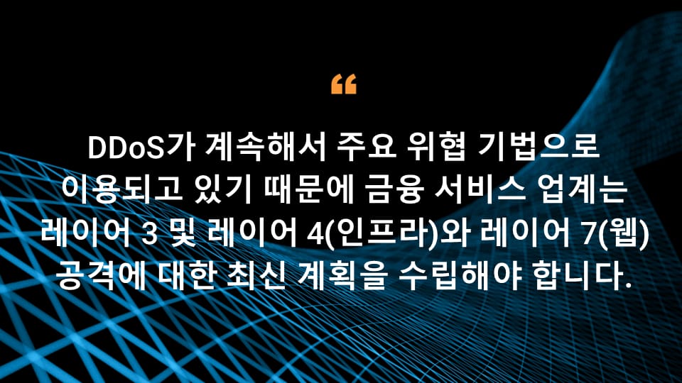 DDoS가 계속해서 주요 위협 기법으로 이용되고 있기 때문에 금융 서비스 업계는 레이어 3 및 레이어 4(인프라)와 레이어 7(웹) 공격에 대한 최신 계획을 수립해야 합니다.