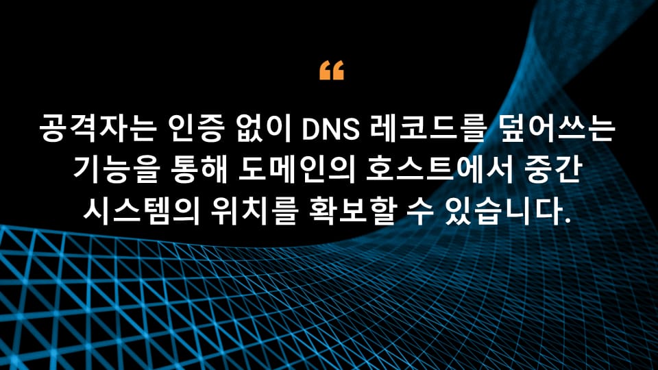 공격자는 인증 없이 DNS 레코드를 덮어쓰는 기능을 통해 도메인의 호스트에서 중간 머신의 위치를 확보할 수 있습니다.