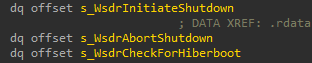 WindowsShutdown exposed functions: WsdrInitiateShutdown, WsdrAbortShutdown and WsdrCheckForHiberboot